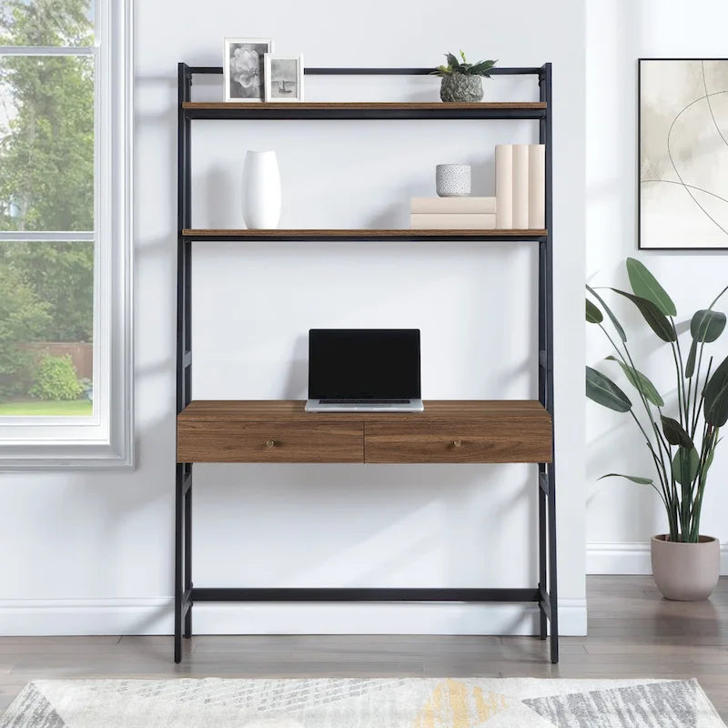 45-Inch Ladder Desk with Graduated Storage Shelves and Two Drawers