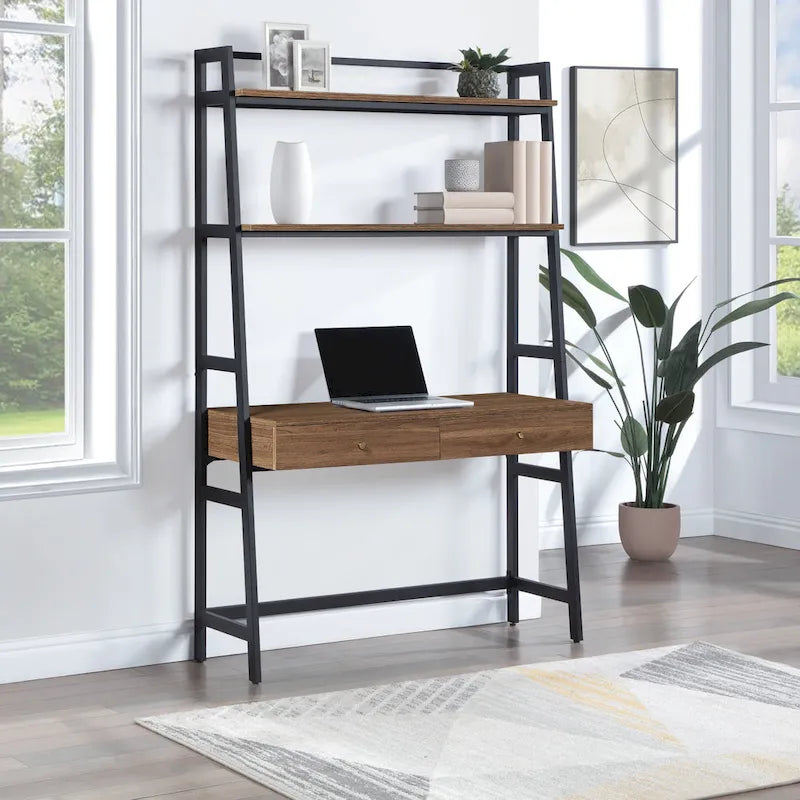 45-Inch Ladder Desk with Graduated Storage Shelves and Two Drawers