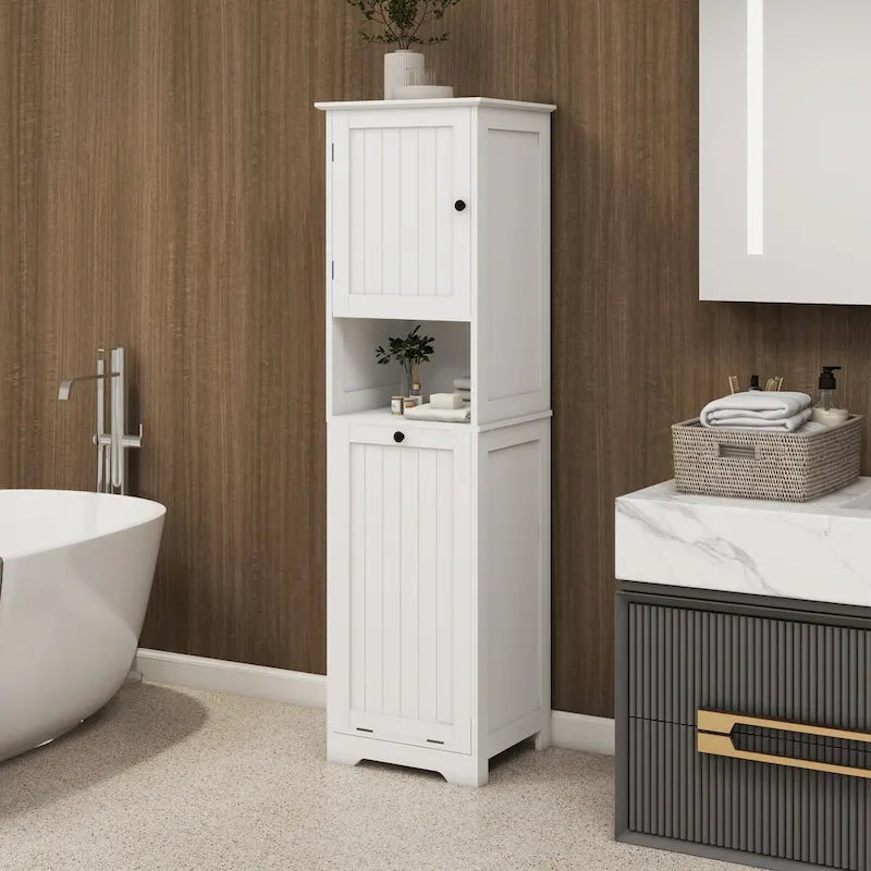 White 1-Compartment 1-Door Tilt-Out Laundry Sorter Cabinet