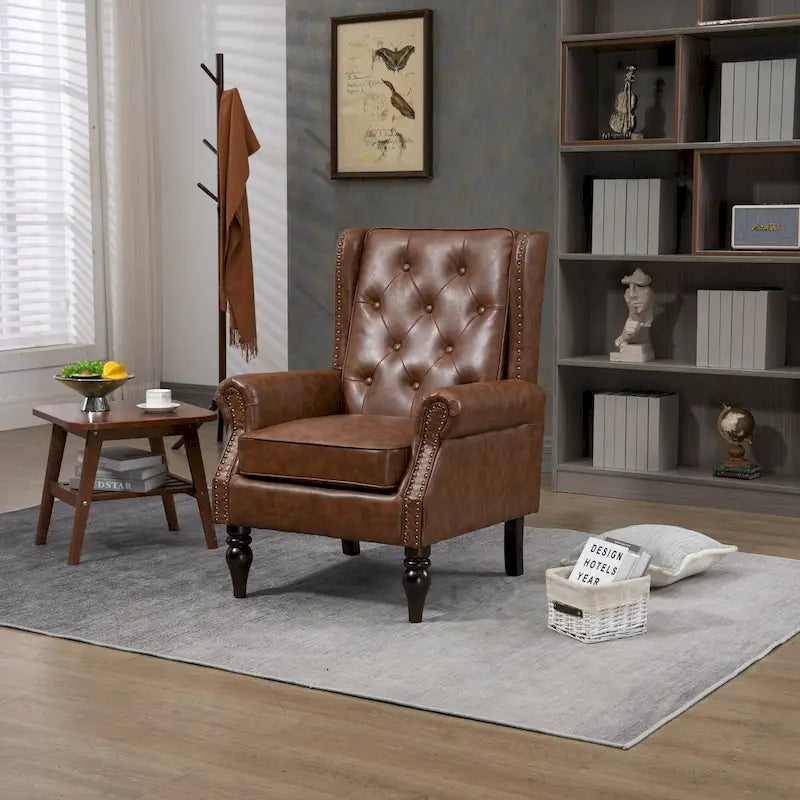 PU Leather High Back Tufted Accent Arm Chair with Solid Wood Legs