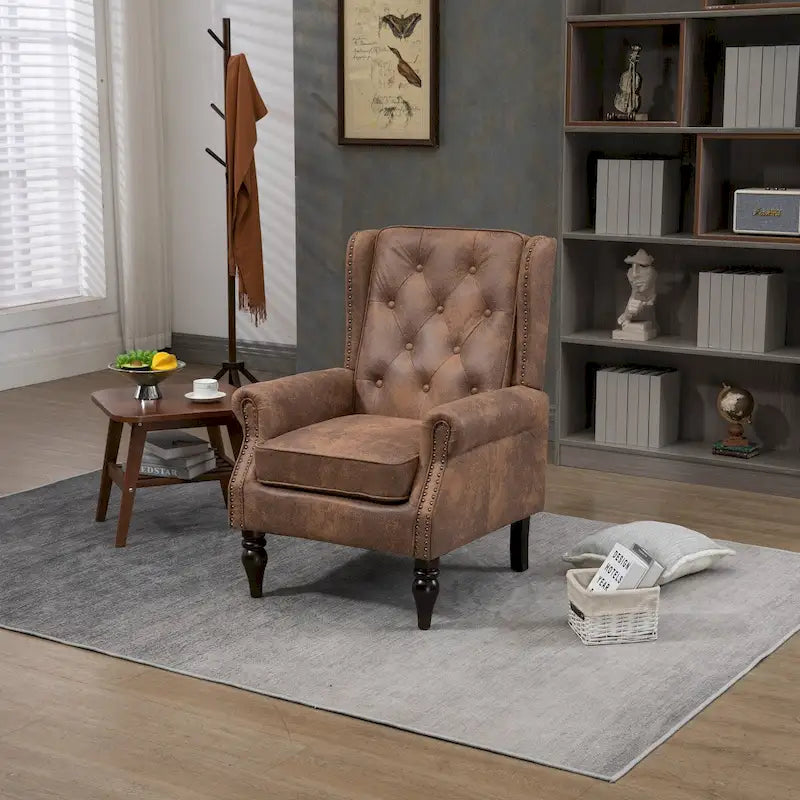 PU Leather High Back Tufted Accent Arm Chair with Solid Wood Legs