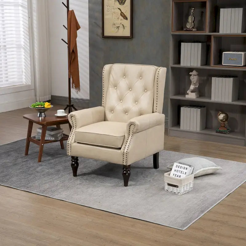 PU Leather High Back Tufted Accent Arm Chair with Solid Wood Legs