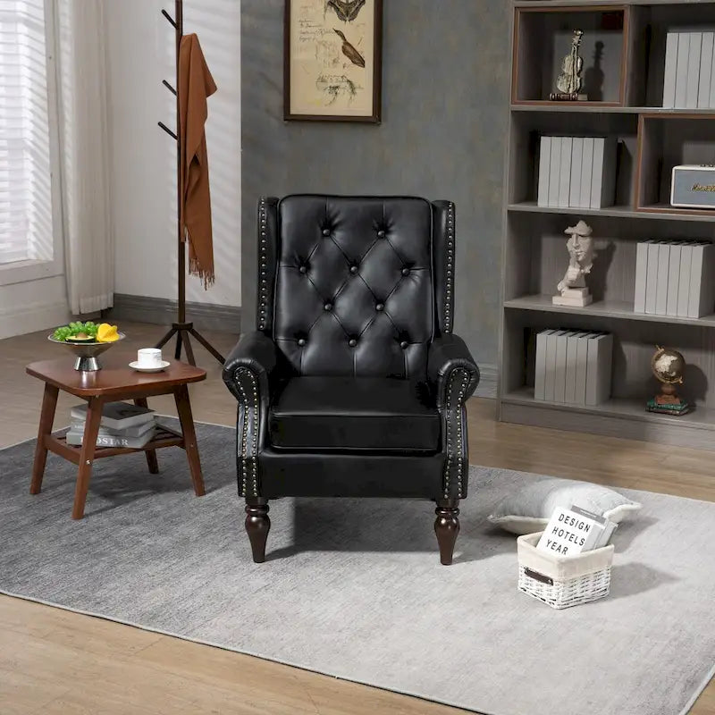 PU Leather High Back Tufted Accent Arm Chair with Solid Wood Legs