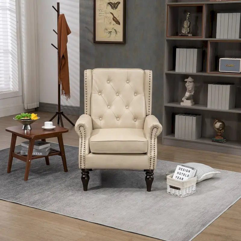 PU Leather High Back Tufted Accent Arm Chair with Solid Wood Legs