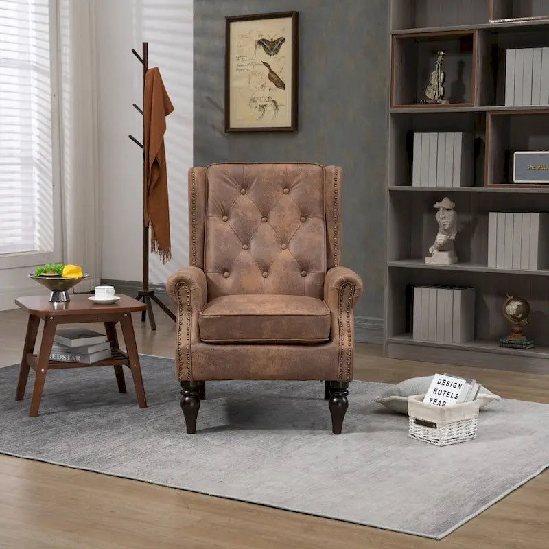 PU Leather High Back Tufted Accent Arm Chair with Solid Wood Legs