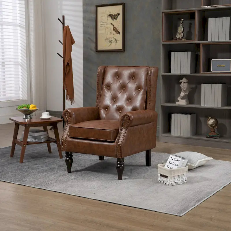 PU Leather High Back Tufted Accent Arm Chair with Solid Wood Legs