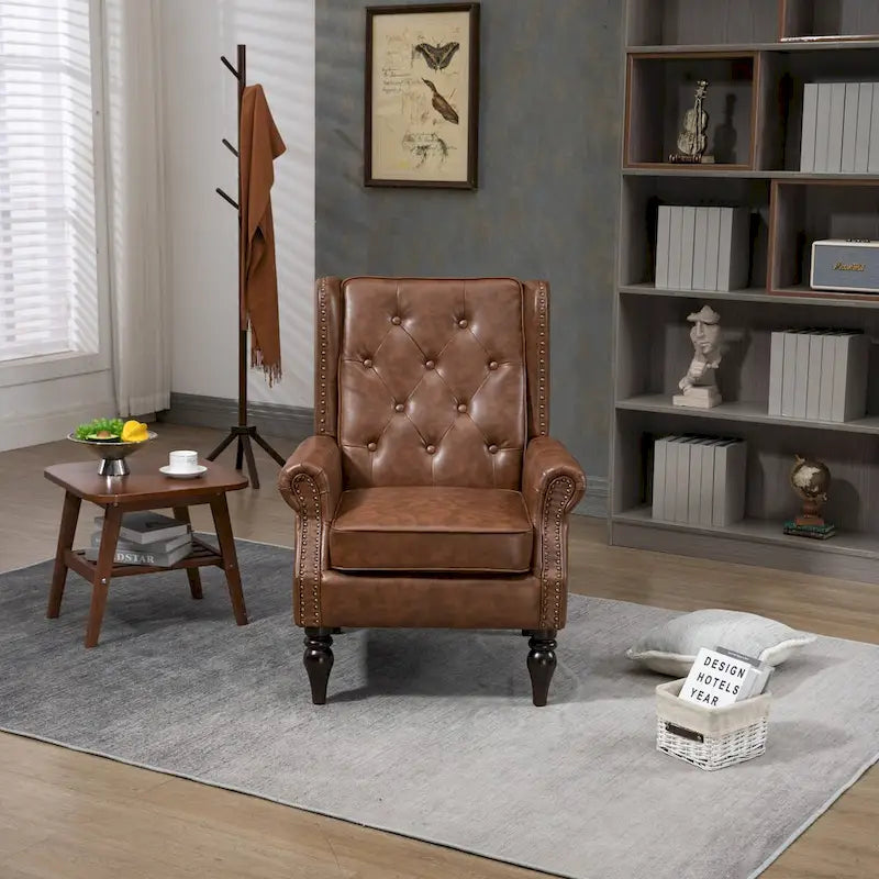 PU Leather High Back Tufted Accent Arm Chair with Solid Wood Legs